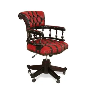 Silla de oficina giratoria de madera de caoba con asiento de cuero - Product Image 1