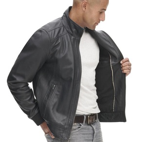 Veste en cuir véritable classique de style motard à garniture côtelée confortable vêtements de sport tactiles à la mode pour la moto - Product Image 3