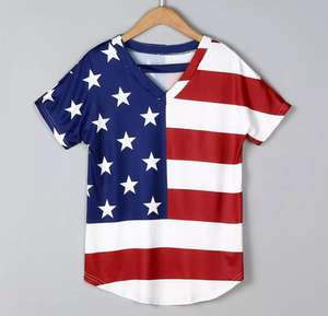 <b>Women's</b> Casual <b>Patriotic</b> American Flag Star Print T-Shirt Red White & Blue Round Neck Short Sleeve Summer <b>Top</b> Bangladesh - Product Image 2