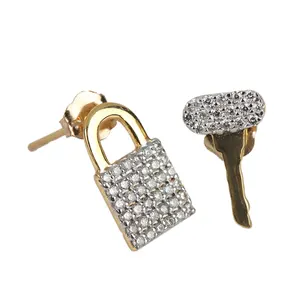 Trendy Design 2023 Pure 14k Yellow Gold Collection Natural Pave Diamond lock Key Stud Earrings Real Gold Diamond fine jewelry