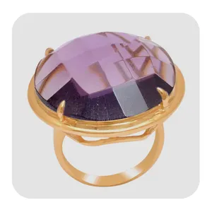 天然紫水晶宝石925纯银镀金戒指，卖家为网上批发价格