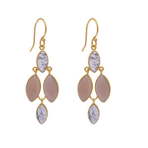 Bijoux en argent sterling 925 plaqué or Peach Moonstone Black Rutile Quartz boucles d'oreilles en pierres précieuses pour cadeau de mariage pour femme. - Product Image 1