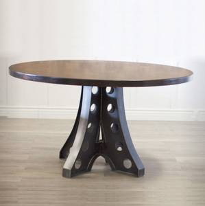 Table basse industrielle antique pliable en fonte et en fer forgé avec plateau rond en bois - Product Image 1
