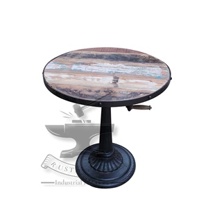 Mesa de café redonda con tapa de madera recuperada industrial con ajuste de altura de metal para comedor y sala de estar para restaurantes - Product Image 3