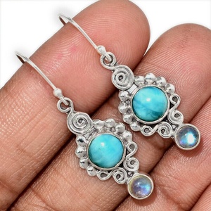 Elegante Plata de Ley 925 Forma redonda genuina Larimar y labradorita Piedra preciosa Pendientes colgantes de plata Joyería ODM Proveedor OEM - Product Image 1