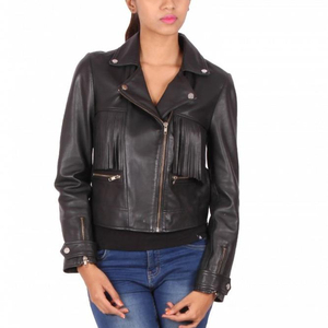 Chaqueta de piel de vaca auténtica para mujer, chaqueta negra personalizada - Product Image 1
