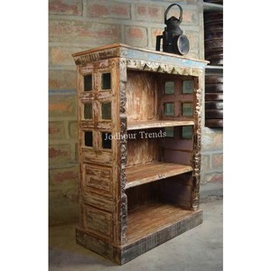 Estantería de diseño industrial antigua, marco de madera tallado con madera reciclada para sala de estar, muebles para el hogar - Product Image 1