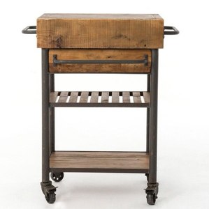 Chariot îlot de cuisine industriel Chariot plate-forme en bois et fer récupérés Chariot à bar à quatre roues avec tiroir - Product Image 3
