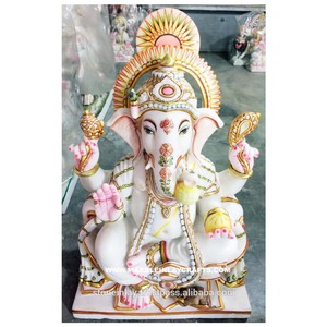 Statue en marbre blanc poli du seigneur hanesha du dieu Hindu assis avec la main de bénédiction à utiliser pour la décoration de la maison et le culte - Product Image 1
