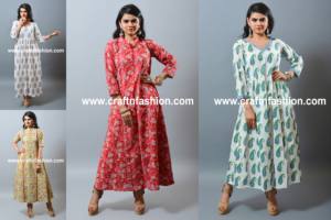 ชัยปุระ Hand Block พิมพ์ผ้าฝ้าย-ผู้หญิง Maxi-แบบดั้งเดิมสวมใส่ออกแบบอินเดียฤดูร้อน Kurti-พิมพ์ - Product Image 3