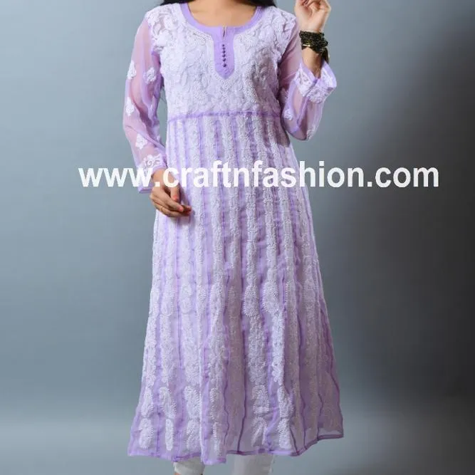 Exclusive Lucknowi Georgette Kurti -Floral Design Chikan Embroidery-Party Wear Long Top-Beach Wear Summer Wear Women's Top