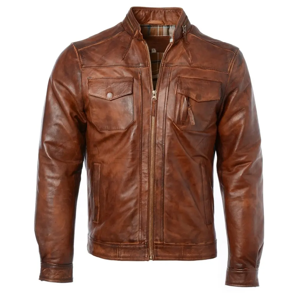 Brown Genuine Leather Jacket Men for Bikers Waxed Cafe Racer Vintage Motorcycle Jackets All Sizes with Customized Logo and Label
