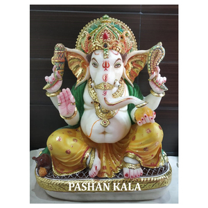 Colorful Painted Beautiful Marble Sitting Ganpati Statue - Product Image 1