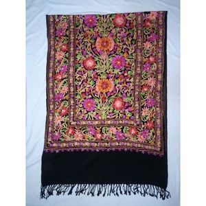 Kashmiri Embroidery <b>Wool</b> Shawl Women Floral Pattern Handmade Long <b>Scarf</b> Winter Traditional Shawl with Fringe Edge - Product Image 1