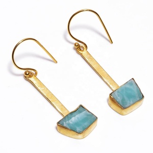 Beautiful Amazonite Gemstone Brass Earrings Handmade Jewelry Wholesale Real Brass Gold Plated Earrings Manufacturer - Product Image 1