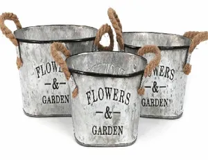桶家庭和花园装饰桶，带手柄户外金属花盆镀锌圣诞桶花架3件