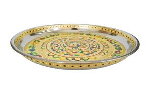 PLACA DECORATIVA MEENAKARI DE ACERO INOXIDABLE DISEÑADO POR PAQUETE DE REAL/PUJA DE MEENA CON 2 VASOS (11 "X 11" X 0,75 "PULGADAS) - Product Image 3