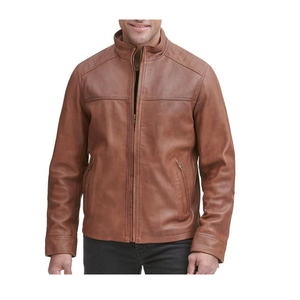 Chaqueta de cuero con cremallera central de cuero de punto de hombro, chaqueta de motocicleta de estilo motorista, chaqueta clásica de moda de cuero Real - Product Image 1