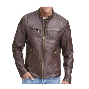 Veste en cuir à épaules matelassées Veste de moto de style motard en cuir véritable Vêtements d'extérieur à la mode classiques - Product Image 1