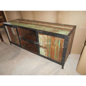 Indian Recycled Wood Iron Industrial Sideboard with 2 Doors 2 <b>Shelves</b> for Living Room Dining Room Bathroom Wholesale Furniture - Product Image 1