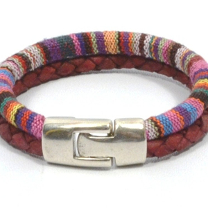 Pulsera de tela étnica multicolor, pulsera de cuero trenzado color burdeos Hecho a Mano Magic - Product Image 1