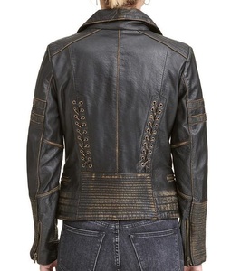 Chaqueta de carreras de alta calidad de ajuste personalizado para mujer piel de oveja ropa de calle de cuero Real cremallera estilo motorista prendas de vestir exteriores proceso terminado - Product Image 5