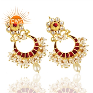 Fabricant de bijoux indiens Kundan Polki Chandbali, boucles d'oreilles traditionnelles faites à la main en argent sterling 925 pour femmes et elle - Product Image 2