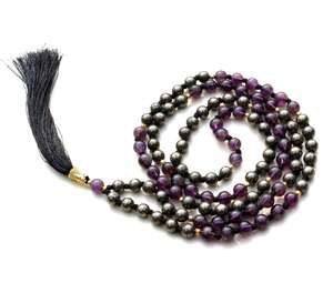 Collar Mala de piedras preciosas naturales, cuentas anudadas de 108, Rosario de estilo bohemio, pirita, amatista, joyería de Yoga para oración y regalo de fiesta - Product Image 1