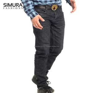 SIMURA Men's Slim Fit Dark Blue Cotton <b>Jeans</b> Mid <b>Waist</b> Casual Straight Leg Washed Denim Pants - Product Image 6