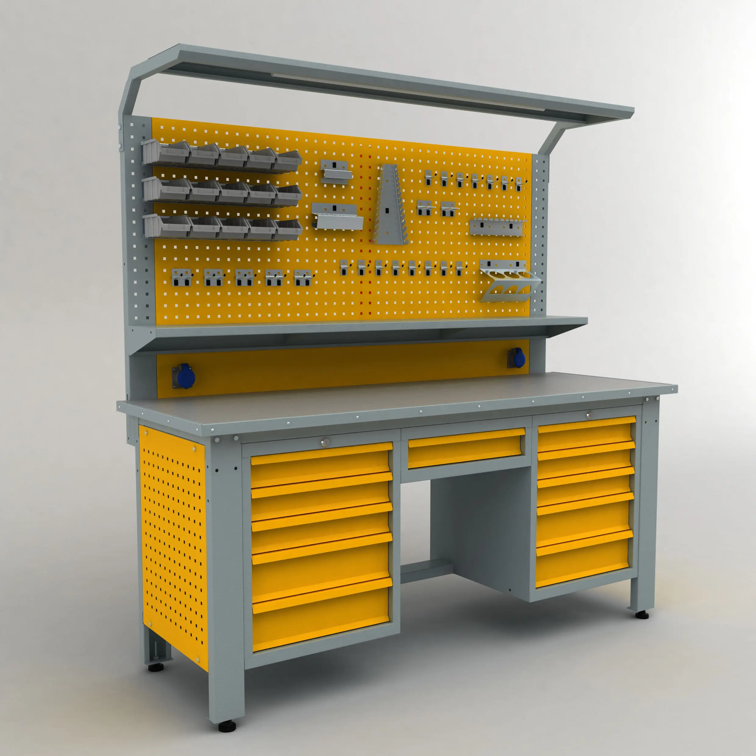 Workbench com gavetas e painel perfurado