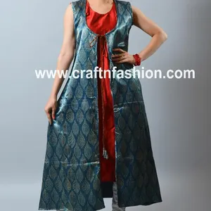 Desainer Ajrakh Cetakan Gaji Sutra Kurti-Jaket Etnik India Kurti-Pakaian Pesta Gaun Sutra-MOTIF Daun-Gaun Bohemian