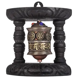 Mantra carved with Astamangala Signs Prayer Wheel - Buddhist Prayer Wheel for decoration at homes and offices- Made in Nepal