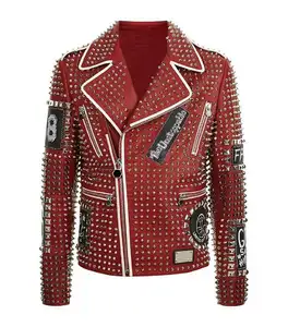 Mens Punk Brando Moto Rock Del Mondo Studded Red Giacche di Pelle Biker