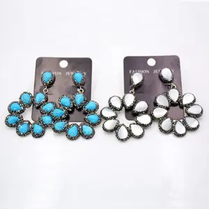 Ngọc Lam Hoop Trắng Shell Earrings Vòng Tròn Lớn Hoa Đá Quý Bông Tai Paved Thạch Tự Nhiên Tre Coral Boho Trang Sức