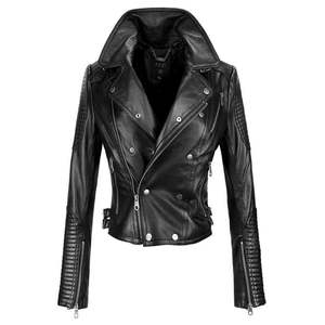 Veste en cuir pur à la mode nouveau design pour femmes col montant moto motard à manches longues style formel - Product Image 1
