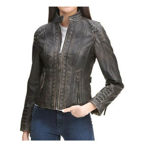 Veste de motard pour femmes à l'allure sportive bon marché en gros en cuir véritable beige foncé veste de conception personnalisée nouvelles arrivées - Product Image 1