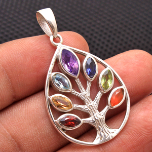 Pohon Kehidupan Marquise bentuk <span class=keywords><strong>Amethyst</strong></span> Topaz <span class=keywords><strong>Peridot</strong></span> Citrine Garnet Carnelian 925 perak murni perhiasan liontin perak - Product Image 5