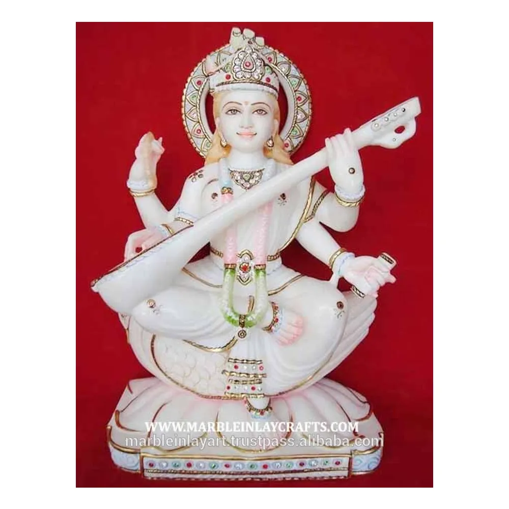 Marmeren Saraswati Maa Beeld Wit Marmer Hindu Religieus Kleurrijk Idool Saraswati Maa Met Veena Zittend Op Lotus Singhasan God