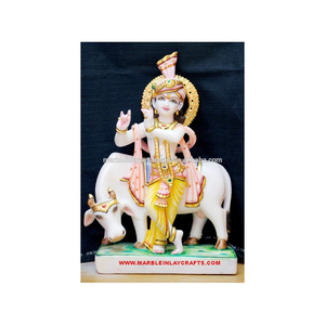 White Marble Krishna <b>Statue</b> with Cow - Product Image 1