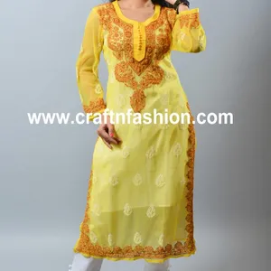 Angrakha Style Georgette Kurti - Lucknowi Embroidered Dress - women's Fashion Wear Chikankari Long Top -Party Wear/Beach Wear