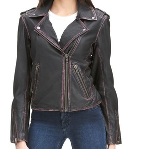 Ropa de calle para mujer, chaqueta de motorista de cuero, cremallera, estilo de carreras, prendas de vestir exteriores, abrigo de cuero Real de ajuste personalizado para mujer de alta calidad - Product Image 4