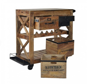 High Quality Industrial Kitchen/Bar Cart <b>Trolley</b> with Four-<b>Wheel</b> Wood and Iron Platform and Basket - Product Image 2