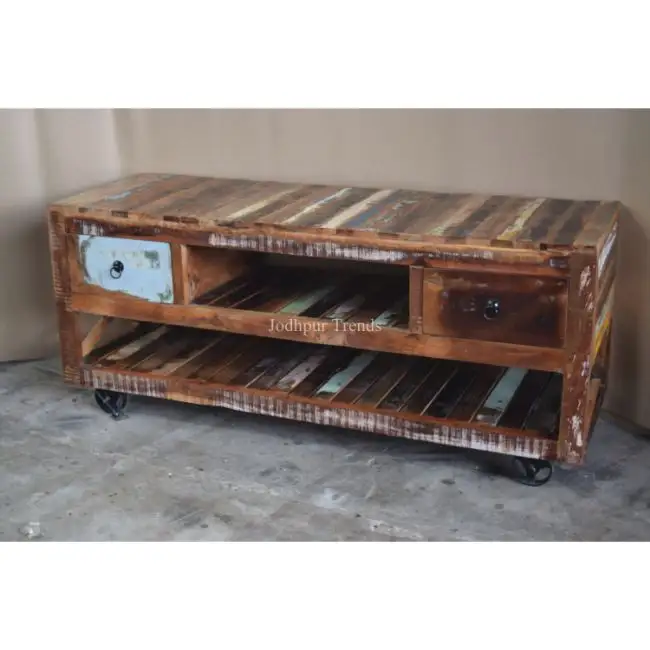 Industrial & vintage solid distressed Reclaimed wood 2 drawer 2 Rack entertainment TV Cabinet Unit