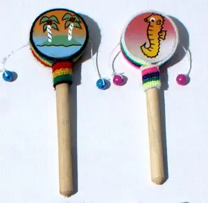 Small Toy Hand Drums, Ethnic Handmade Music Instruments. Images for Childrens. Handmade Baby Toys, Crafts.