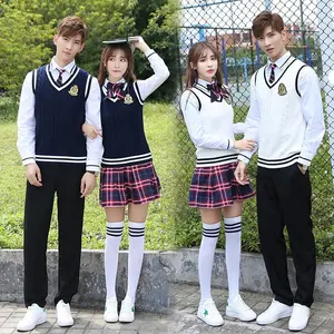 Embroidered logo sleeveless sweater, skirt, pant uniform in Korean style for high school students