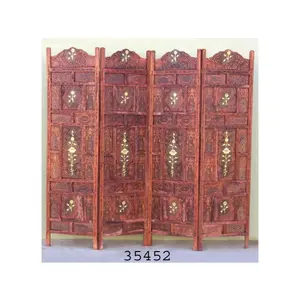 Wooden <strong>4</strong> Panel Screen <strong>Partition</strong> / Room Divider Brass Flower Inlay - Product Image 1