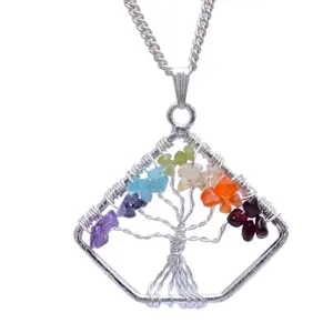 Multi Stone Wire wrapped Tree of Life Pendant Diamond Shape Pendant Silver Chakra Jewelry