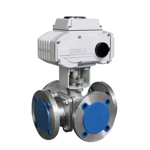 COVNA DN50 2 inch PN16 High Pressure 12V DC 4 Way T Port Stainless Steel Electric Actuated Flange Ball Valve