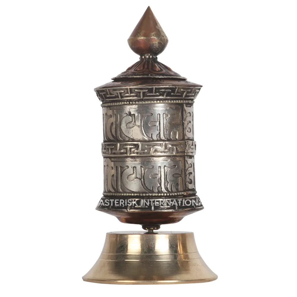 Buddhist Mantra Prayer Wheel - Suitable in Office Table and Car - Antique look Prayer Wheel with rotating support at the base