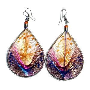 Pendientes de Hilo de Seda Peruana, Aros Tejidos a Mano Étnicos (Colgantes, Largos), Joyería al por Mayor, Diseño de Arte Tejido a Mano de Perú - Product Image 1